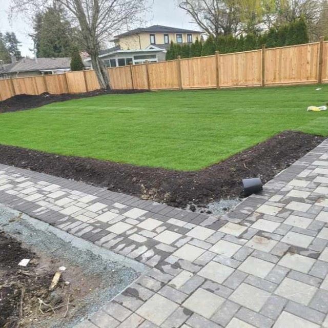 Backyard sod lawn bordered by a paver patio and cedar fence