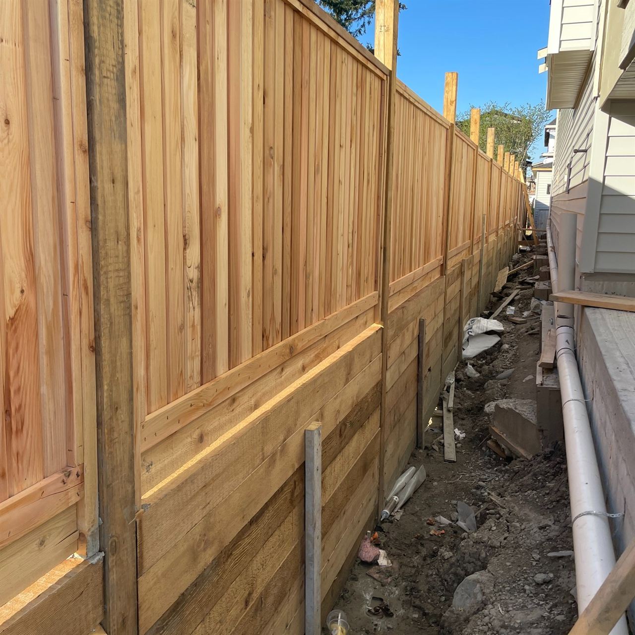 Cedar fence running along a narrow side yard