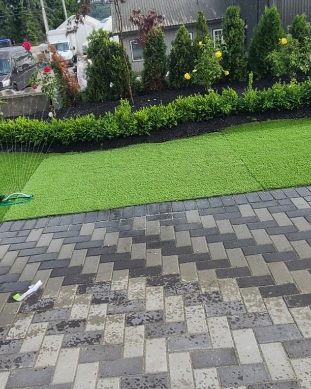 Artificial turf lawn next to a paver patio and hedging