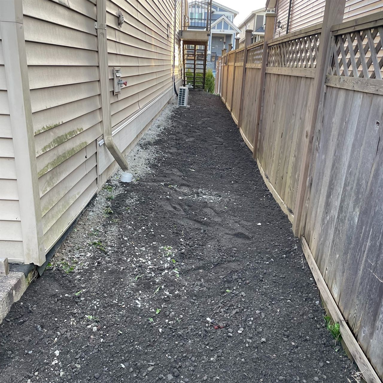 Side-yard cleared and graded with fresh soil